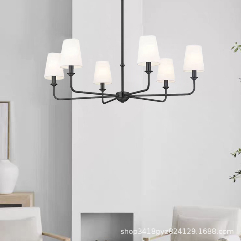 Cross-Border American Simple Golden Chandelier White Linen Tone Farmhouse Industrial Style Suitable for Kitchen Living Room Dining Room