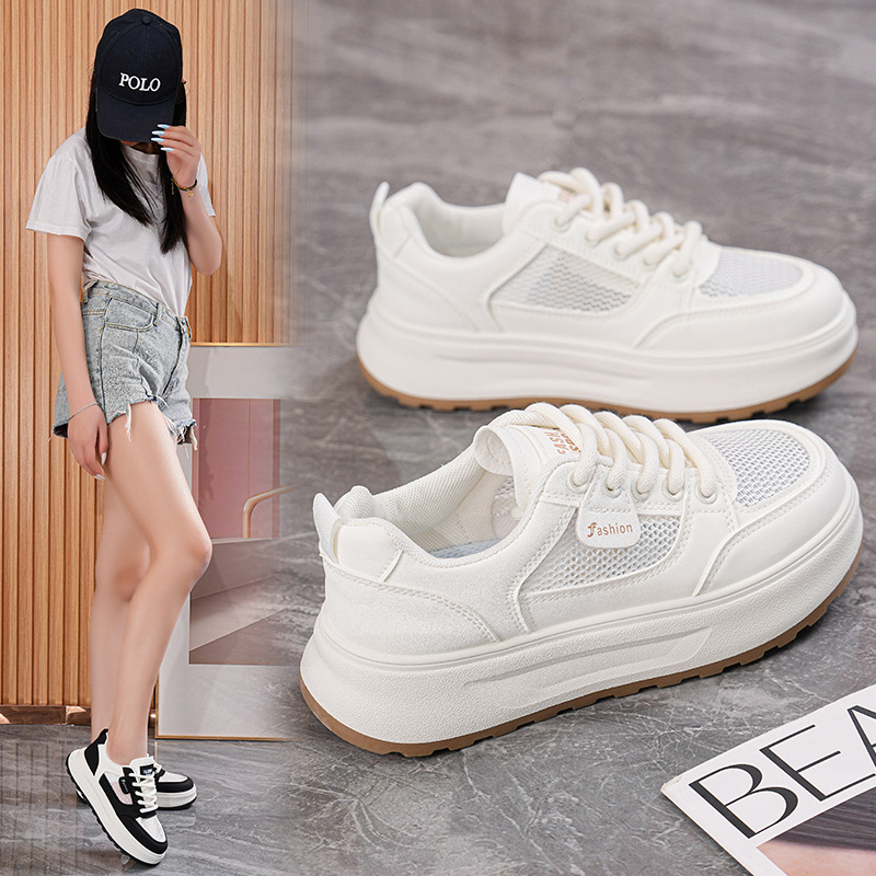 2026 Summer New Style White Shoes for Women, Korean Style Ins Trendy Student Thick-Soled Mesh Breathable Casual Sneakers H789-1