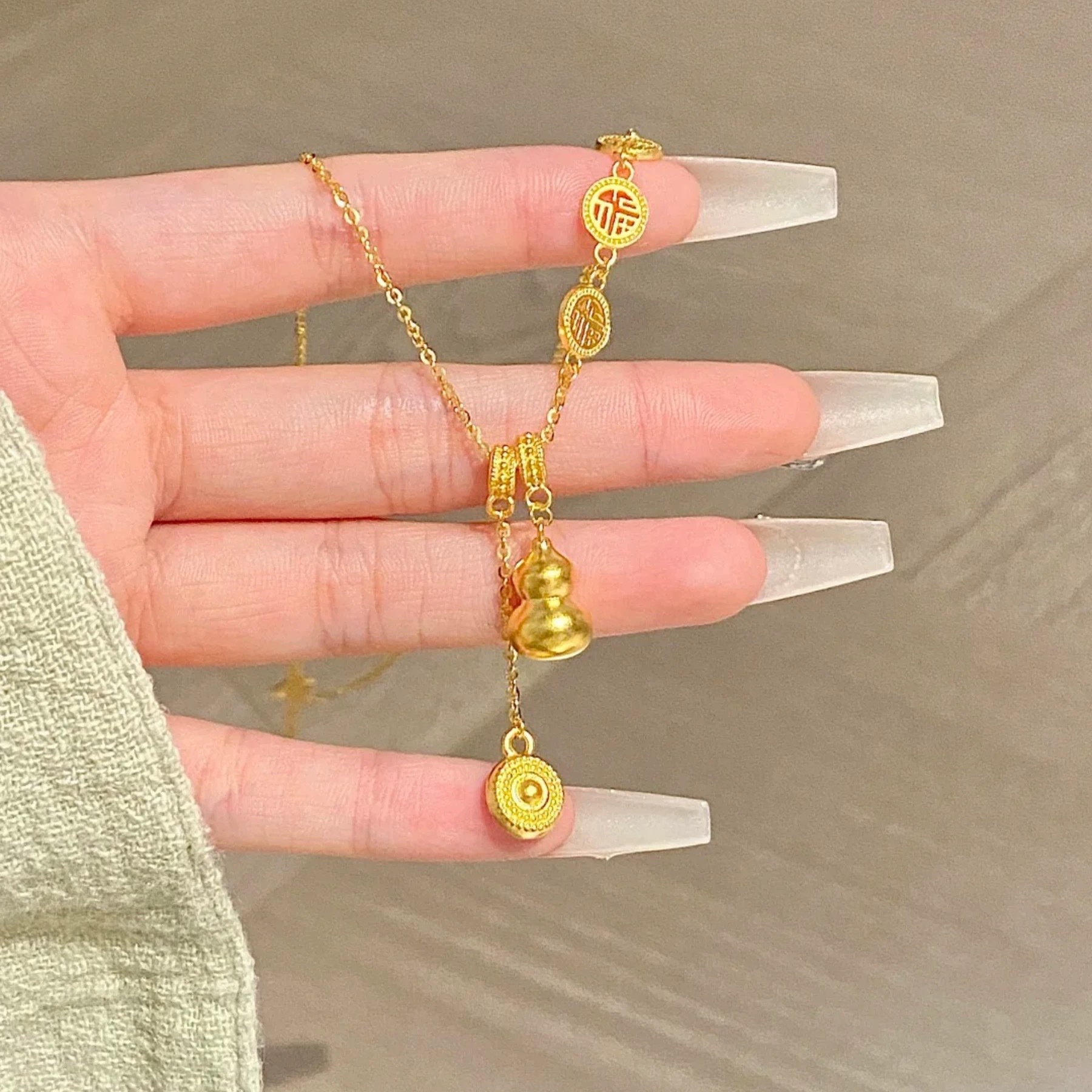 Collana con catena antica Sha Gold Fu Lu Shou, ciondolo a forma di zucca Ruyi di buon auspicio, clavicola, per fidanzata_voghion.com