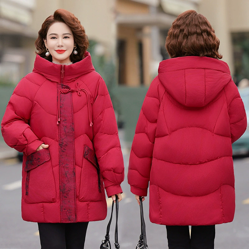 Средний и пожилой новый китайский стиль толстый пуховый хлопчатобумажный костюм иностранная одежда 2024 мама зимняя одежда ретро с капюшоном