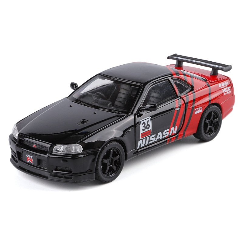 (2개) 진 리팡 1:32 스카이 라인 플라워 에디션 닛산 GTR R34 합금 자동차 모델 도어 오프닝 ACOUSTO-OPTIC POWER