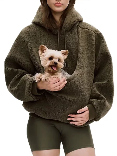 BK8837 # Amazon European and American Autumn/Winter Cross-Border Solid Color Hooded Plush Pet Pocket Loose Pullover Sweatshirt for Women