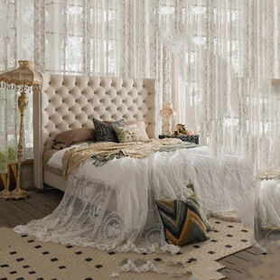 Cream Style French Style Bed Master Bedroom Modern Simple Leather Bed with Buckle Italian Style Light Luxury High Backrest Wedding Bed Princess Fabric Bed