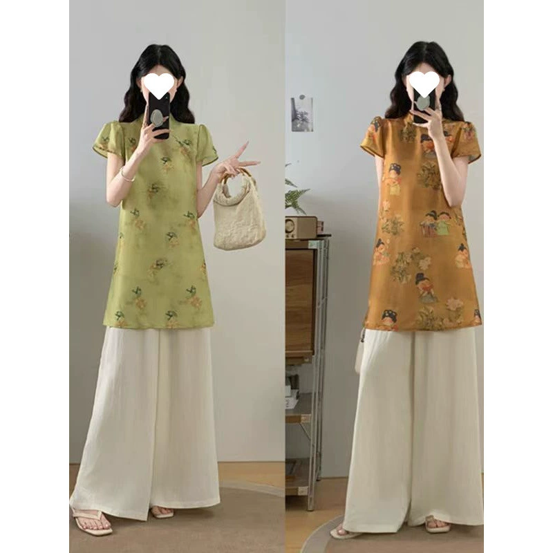 2025 новый большой размер высококачественный китайский стиль женский летний костюм с пуговицами чонсам топ для полных MM утягивающие широкие брюки