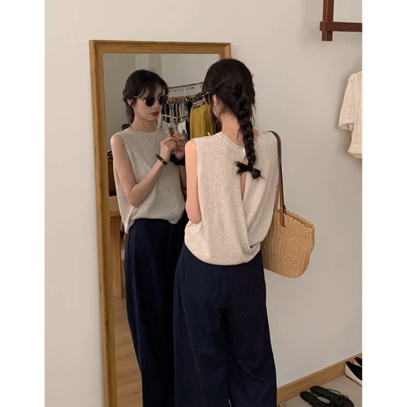 BRIVIN apricot Cross Knitted Sweater Women's Summer 2024 New Design Backless Western Style Slim Sleeveless Top