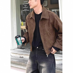 美式短款行政夹克男棕色鹿皮绒工装外套潮牌飞行员棒球服翻领拉链