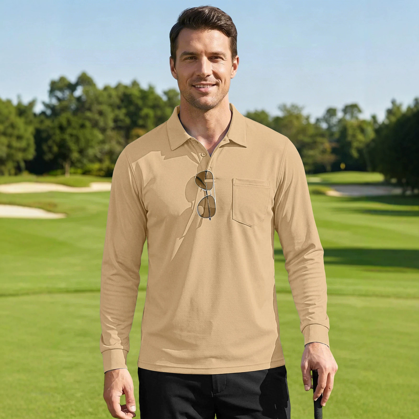 Europa y los Estados Unidos TK otoño color sólido secado rápido con solapa táctica al aire libre ojo de pájaro manga corta camiseta polo Amazon camiseta de manga larga para hombres