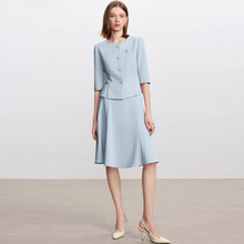 修身显瘦高级感圆领七分袖蓝色职业女裙套装气质优雅工作服套裙OL