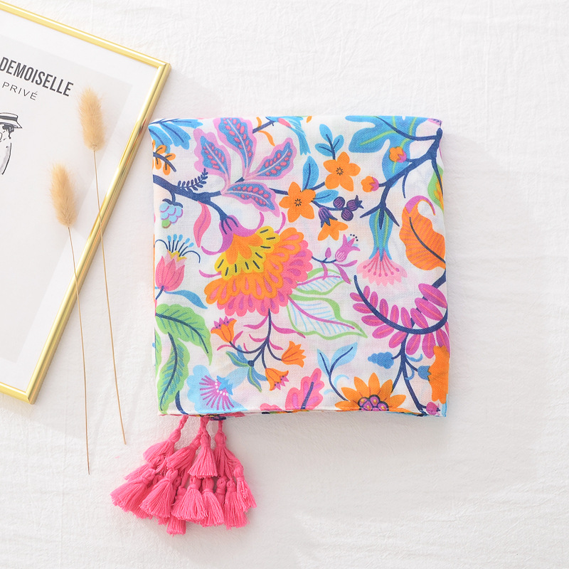 Primavera y verano bufanda de seda de las mujeres del todo fósforo largo protector solar mantón colorido planta hojas floral impreso algodón y lino sensación bufanda