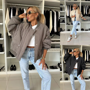 AliExpress winter new solid color long sleeve casual button cotton-padded jacket