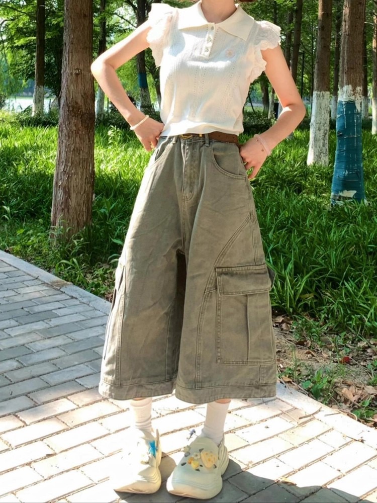 美式复古褶皱多口袋七分裤男女夏季宽松休闲阔腿工装裤牛仔短裤潮