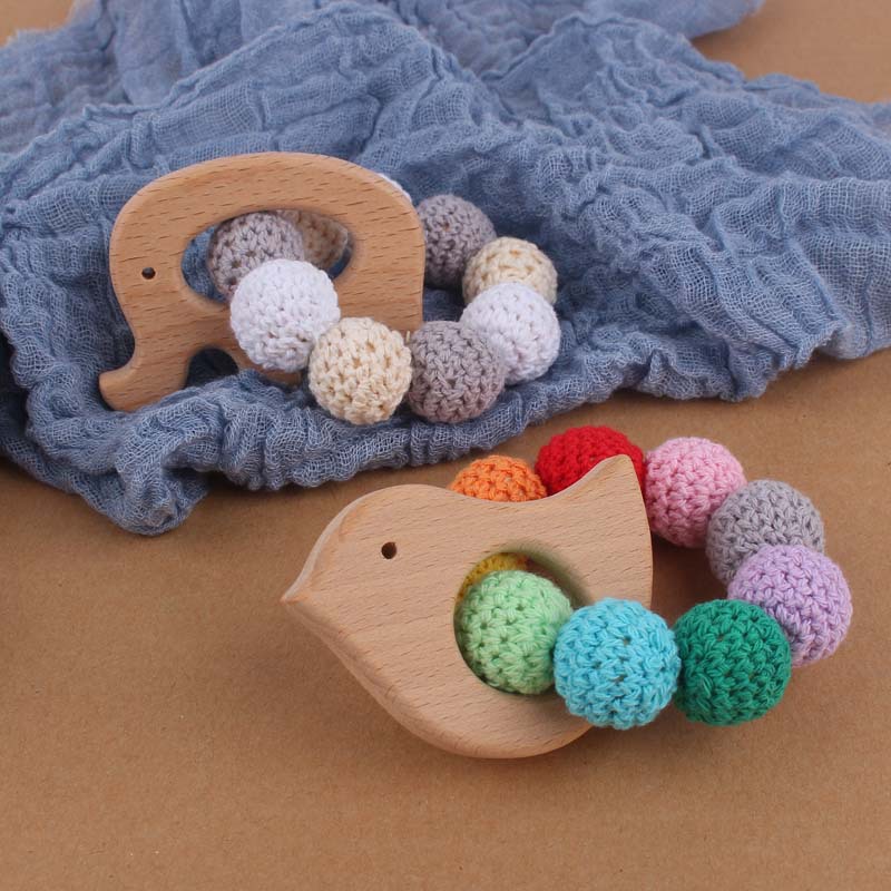 Suministros para bebés Beech animal de dibujos animados pájaro mordedor DIY gran bola lana color pulsera teether juguete