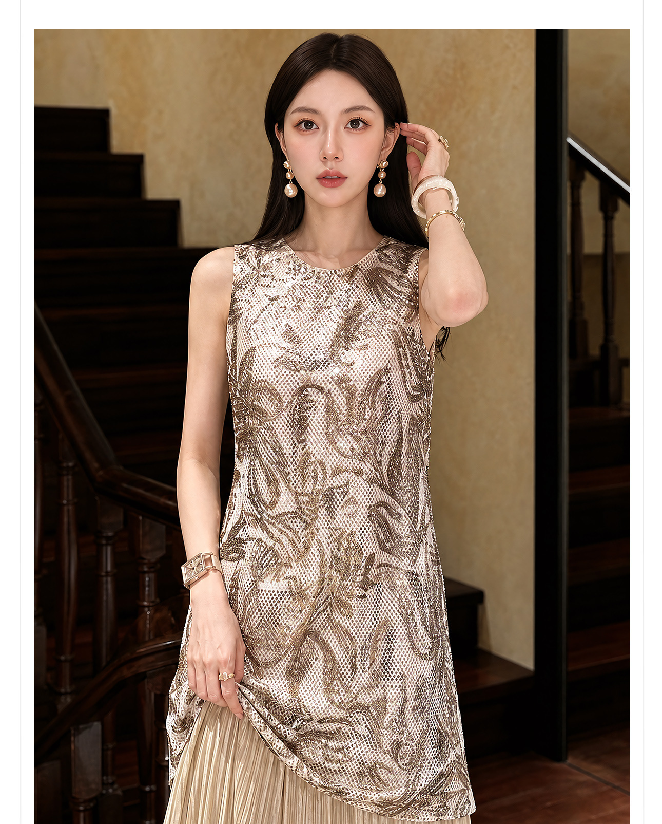 Đầm maxi nữ thắt eo phong cách Tân Trung Hoa họa tiết thêu nổi — Trà cà phê chi tiết 11