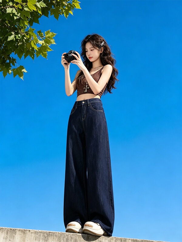 Deep Blue Tencel Wide-Leg Jeans for Women, 2026 Summer Thin Style, High-Waisted Lyocell Ice Silk Cool Straight Pants Deep Blue Tencel Wide-Leg Jeans for Women, 2026 Summer Thin Style, High-Waisted Lyocell Ice Silk Cool Straight Pants