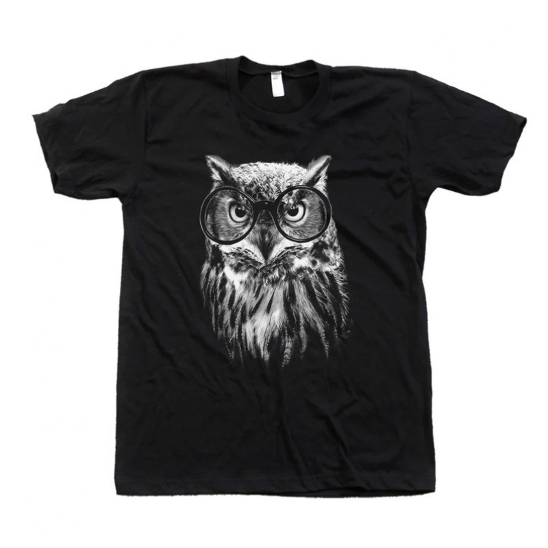 European Size【Cross-Border European Size】Owl with Glasses T-Shirt: Mens Crew Neck