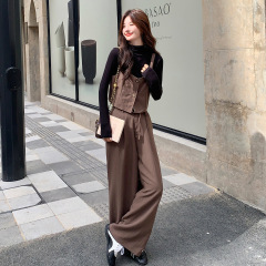 时尚休闲三件套装女2025秋季新款单排扣系带显瘦上衣阔腿裤子套装