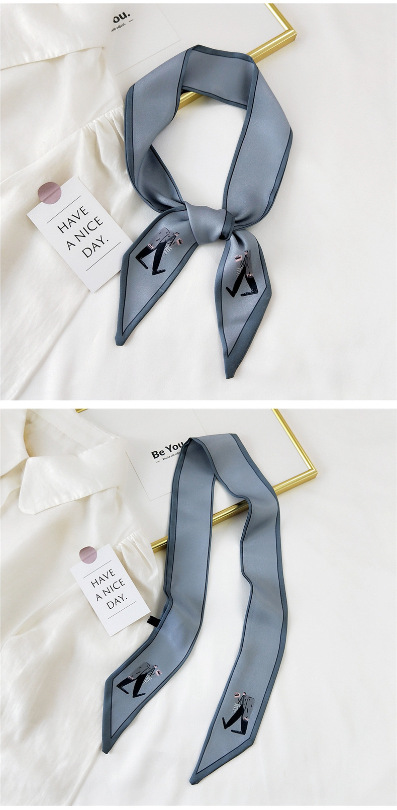 30g Weight Silk Scarf Classification Travel Occasion Unisex Gender Sweet Style Khaki, Grey, Pink, Purple, Red, Green, Blue, Black Color Fashion Streamer Printing Bow Silk Scarf Wholesale 24