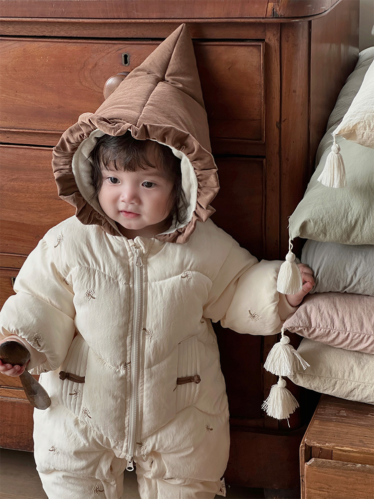 2024 invierno engrosamiento cálido ropa de escalada ropa de salida versión coreana mameluco para bebés de estilo occidental 0-2 años mono para bebés 1