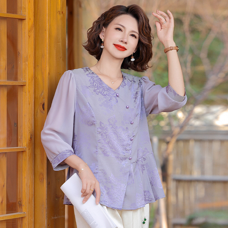 2025夏中年妈妈新中式国风小衫洋气上衣中老年女装气质七分袖上衣