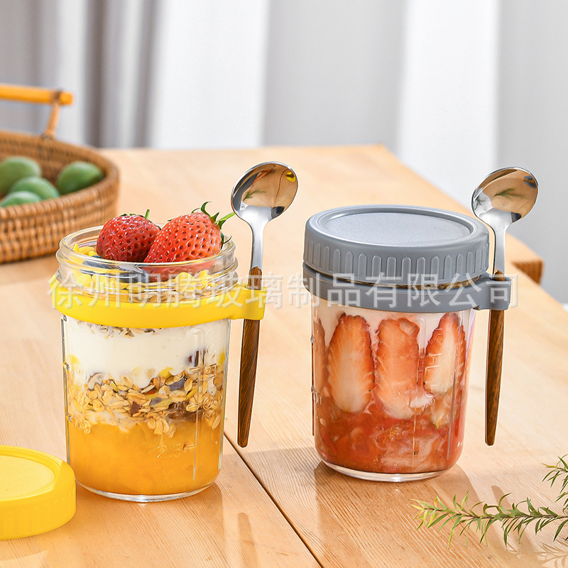 亚马逊隔夜燕麦杯便携酸奶早餐杯梅森杯挂勺带刻度密封玻璃杯带盖