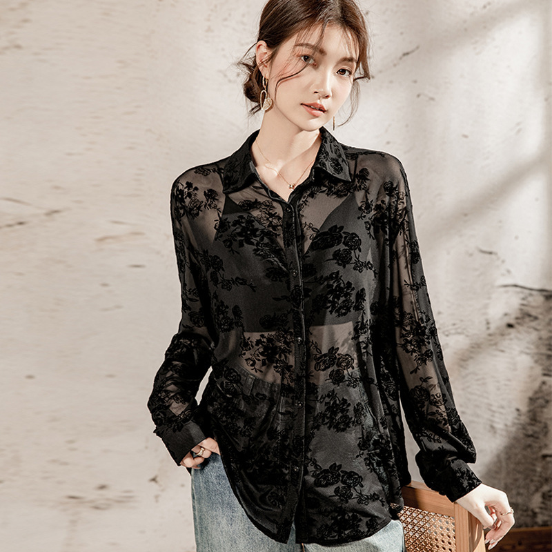 Flower Flocking See-Through Sexy Shirt Women's Long-Sleeved 2025 Spring and Summer Sun Protection Mesh Top Women's Black Blouse