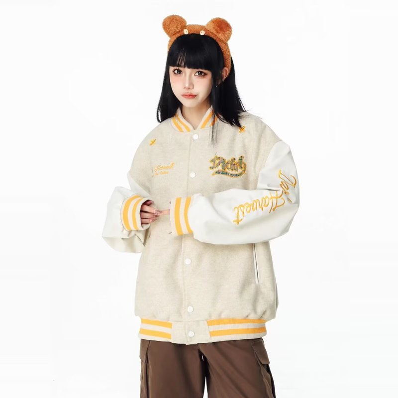 2025美式潮牌棒球服春秋插肩撞色刺绣设计宽松休闲情侣夹克外套女|undefined