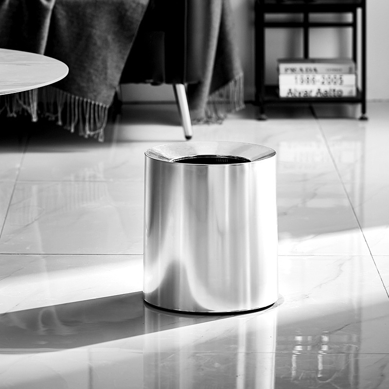 Electroplated Trash Can for Home Living Room, Bedroom, Office, Double-Layer Lidless Round Wastebasket, Silver Ins Simple Storage
