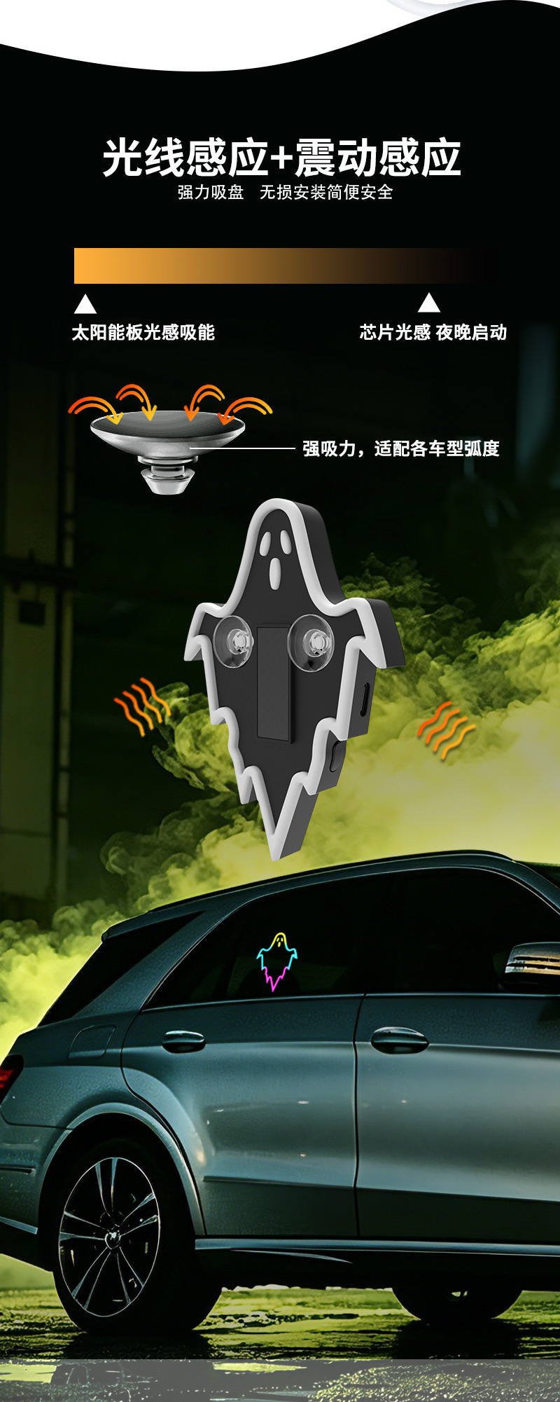 Car-mounted solar triangular window light, colorful car window light, devil ghost light, ambient light, suction cup-style car atmosphere light