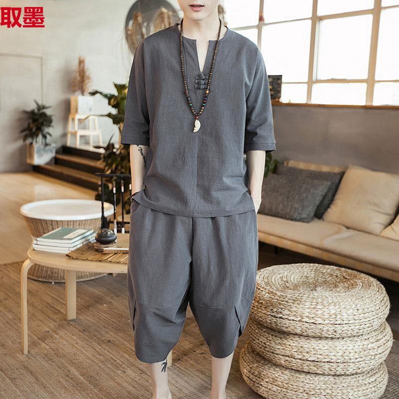 Linen Short-sleeved T-shirt Men's Chinese-style Loose plus size Half-sleeved T-shirt suit Summer Thin Cotton and Linen Sports T-shirt