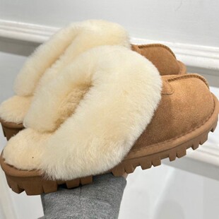 Wool Slippers Qian Songyi's Same Style Flats-Soled Women's Cowhide Goatskin Warm Indoor and Outdoor Baotou Women's Shoes Warm and Non-Slip