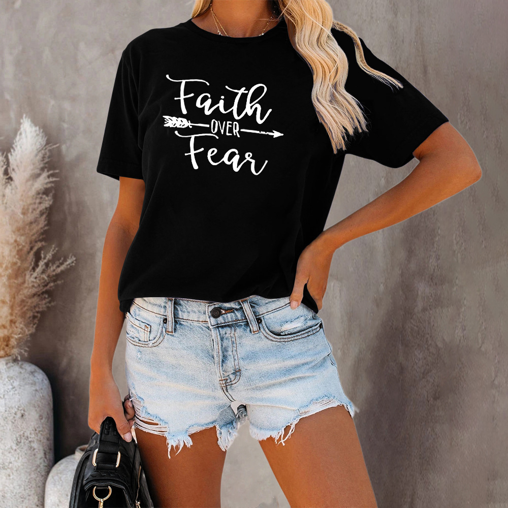 Print Faith Over Feaq Round Neck Short Sleeve Ladies T-shirt nihaostyles clothing wholesale NSZZF70982