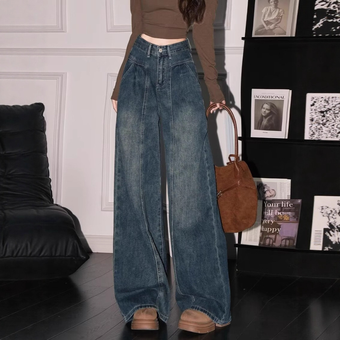 Foreign Trade American Retro Jeans for Women 2025 New Large Size Fat mm Slim Straight Wide Leg Pants Pear-Shaped Reward Pants