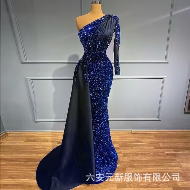 Europa y los Estados Unidos comercio exterior Amazon AliExpress Wish damas veludo largo un hombro de manga larga satén de cola de pescado vestido de boda