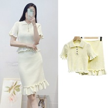 跨境女装春秋新款法式时尚套装短袖针织套头上衣女+半身裙两件套