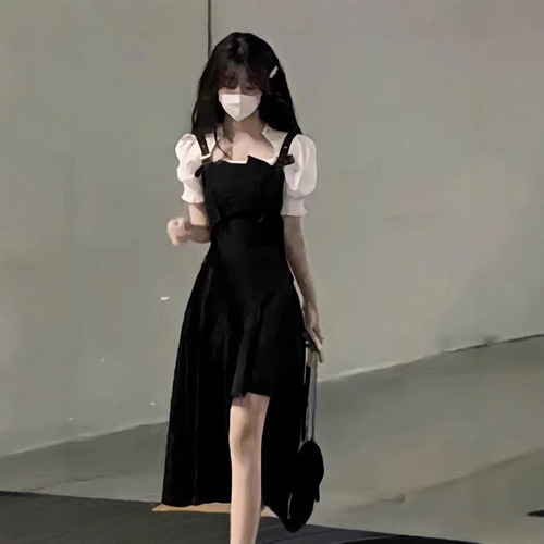 Black Strapless Belted Dress Women's Set Unique Design Summer Fresh Sweet