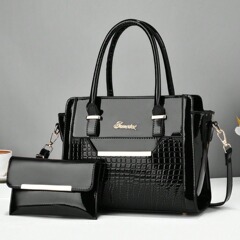 亮皮包包2024大容量鱷魚紋手提子母包跨境女包高質感單肩托特包