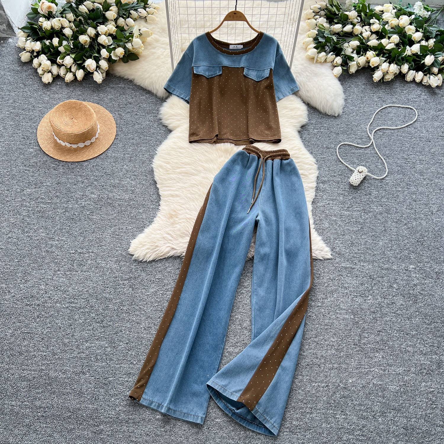 Women's Clothing High Waist Denim Wide Leg Pant Set Short Sleeved Top Summer Casual Two-Piece New Style Retro Fashion_voghion.com