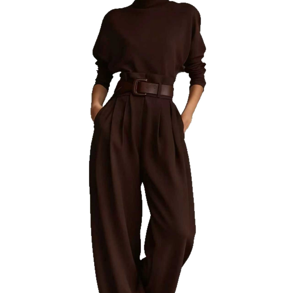 Women's Clothing Women's High Neck Long Sleeve Trousers Set High Waist With Belt Casual Stylish Spring Autumn Suit Style_ecoleips.com
