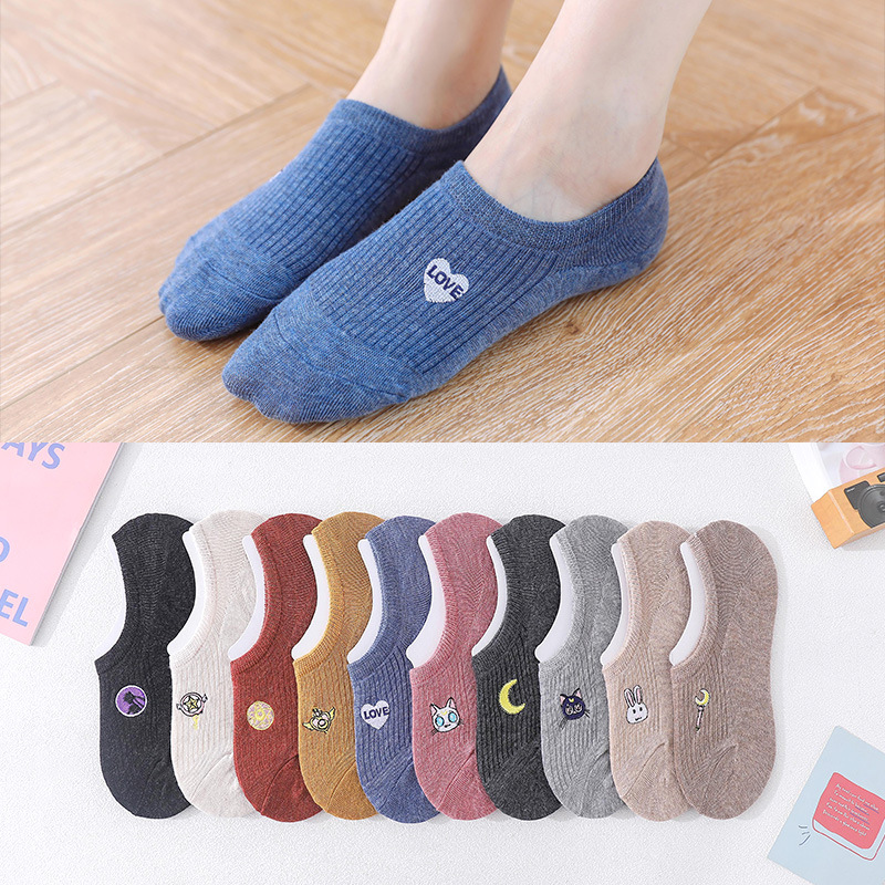 春夏款袜子女浅口 日系刺绣女袜 硅胶防滑隐形船袜女棉一件代发