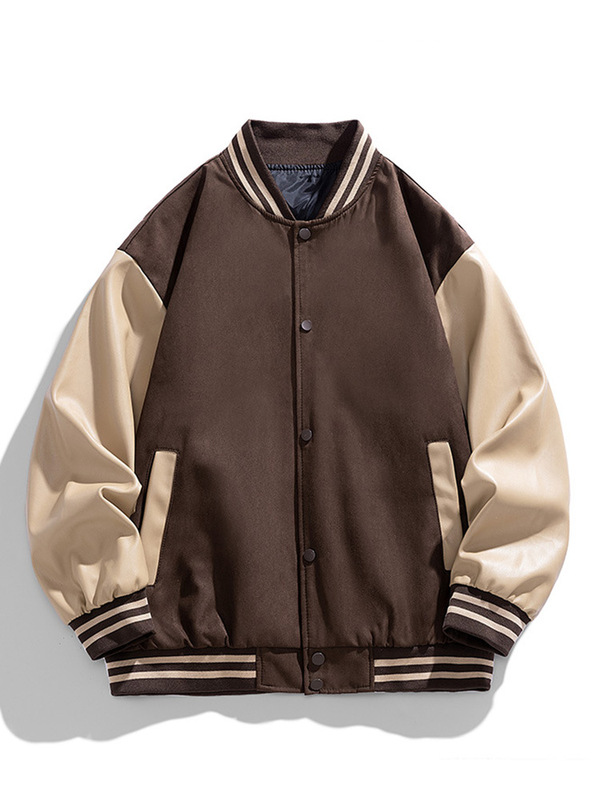 Plus Size American Retro Baseball Jacket Men's Autumn and Winter Loose Casual Pu Leather Splicing Versatile Bomber Jacket