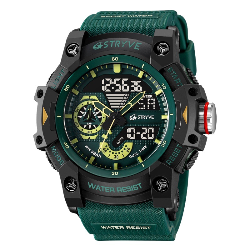 STRYVE elemento de moda de los hombres reloj deportivo impermeable reloj de estudiante multifuncional electrónico luminoso doble S8029