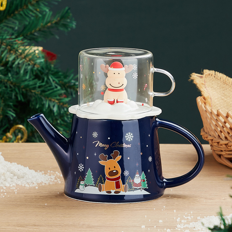 Navidad alces juego de té traje lindo de dibujos animados tetera de cerámica regalo lindo flor juego de té Logo de apoyo