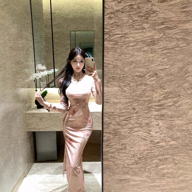 6129 New Chinese Style Pink Gradient Floral Improved Cheongsam Dress Formal Occasion Elegant Bodycon Long Dress