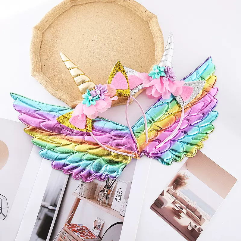 跨境新款热销独角兽发箍加翅膀六一儿童节节目表演金色独角兽头箍