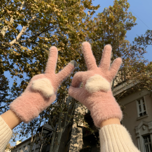 Autumn and winter plus velvet warm touch screen gloves for sweet girls Korean style cute knitted wool split-finger cycling for cold-proof students