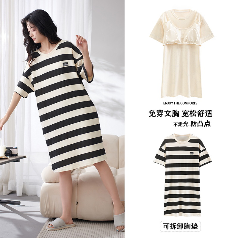 Nuevo Camisón de algodón de manga corta de verano con almohadilla en el pecho de las mujeres Mediados de longitud más tamaño dulce de dibujos animados de algodón Ropa para el hogar de las mujeres