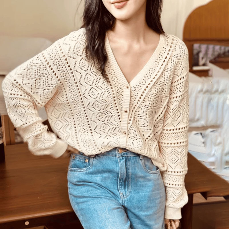 Lujo ligero francés bohemio perezoso chaqueta de viento V-collar gancho flor agujerado jersey cardigan aire acondicionado camisa mujer image 4