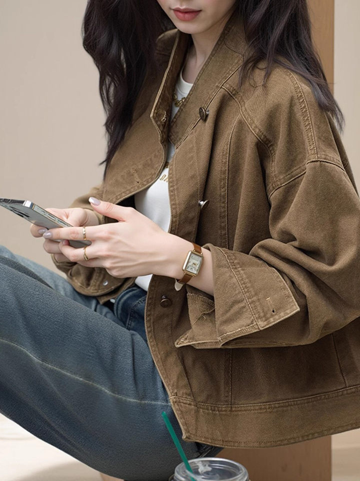 Áo khoác ngắn denim màu nâu cà phê dáng rộng cổ đứng tay dài — Màu nâu (màu cà phê trà)