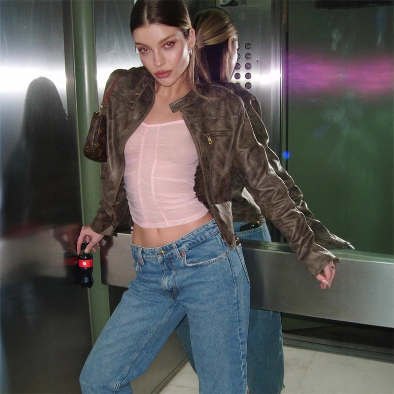 American Vintage Brown Leather Suede Shoulder Jacket Autumn and Winter New Maillard Short Slim Jacket Top