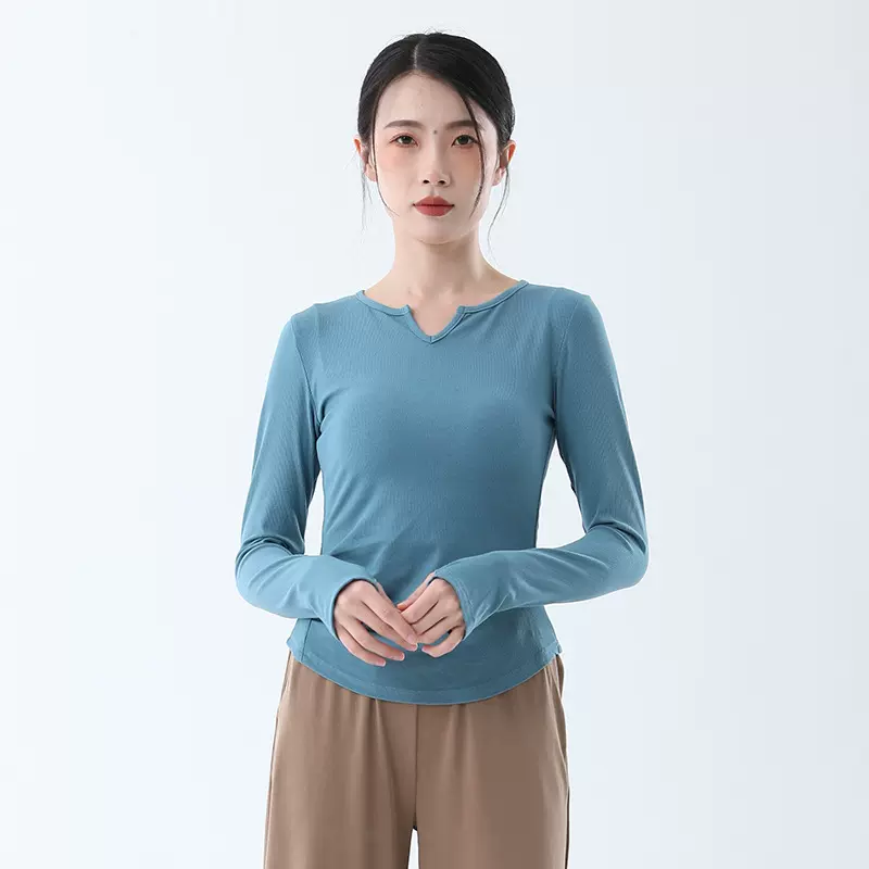 现代爵士舞蹈练功服上衣修身V领长袖套指弹力针织形体训练基训服